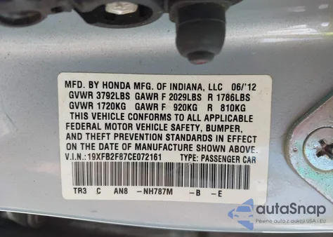 2012 Honda Civic Ex из США, поврежденный, VIN 19XFB2F87CE072161